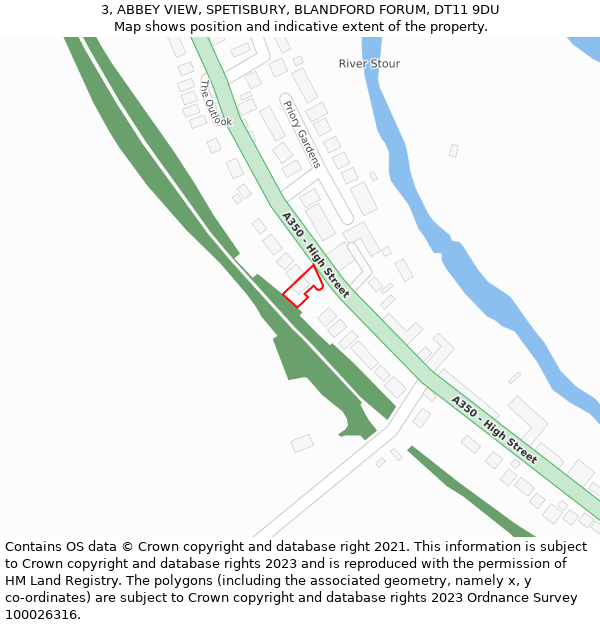 3, ABBEY VIEW, SPETISBURY, BLANDFORD FORUM, DT11 9DU: Location map and indicative extent of plot