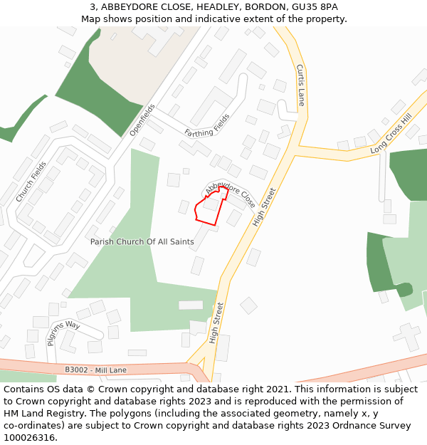 3, ABBEYDORE CLOSE, HEADLEY, BORDON, GU35 8PA: Location map and indicative extent of plot