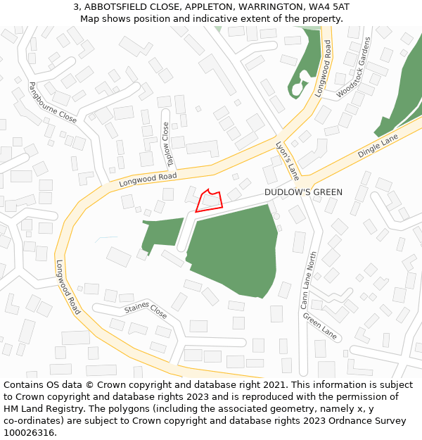 3, ABBOTSFIELD CLOSE, APPLETON, WARRINGTON, WA4 5AT: Location map and indicative extent of plot