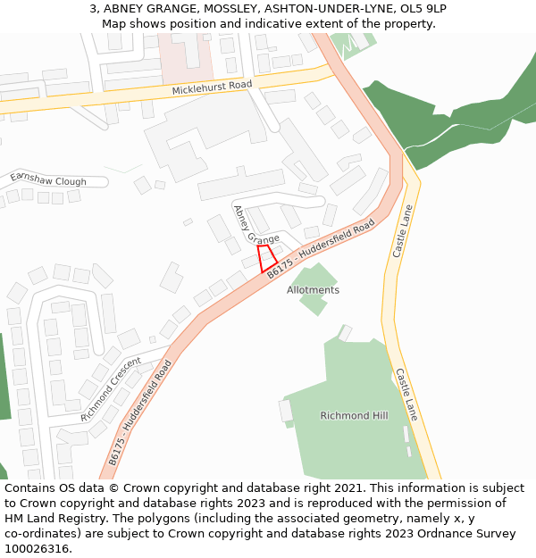 3, ABNEY GRANGE, MOSSLEY, ASHTON-UNDER-LYNE, OL5 9LP: Location map and indicative extent of plot