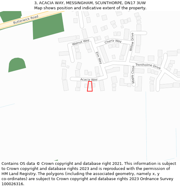 3, ACACIA WAY, MESSINGHAM, SCUNTHORPE, DN17 3UW: Location map and indicative extent of plot