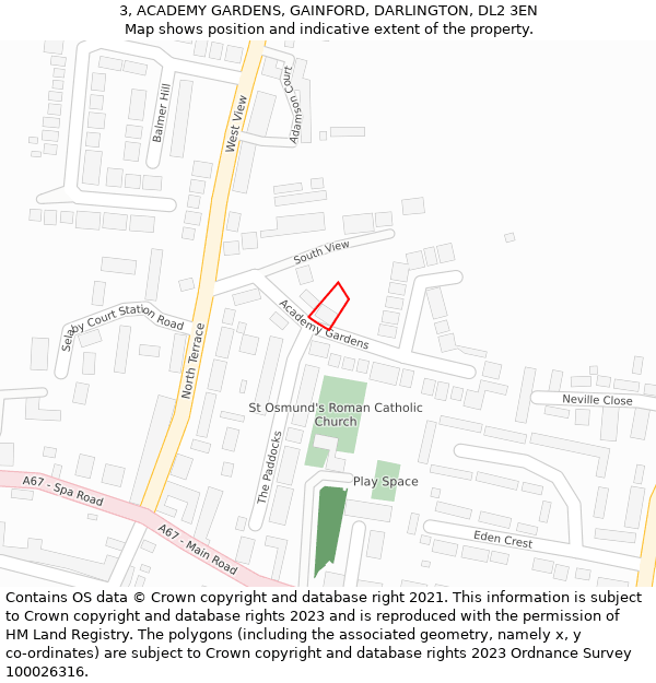 3, ACADEMY GARDENS, GAINFORD, DARLINGTON, DL2 3EN: Location map and indicative extent of plot