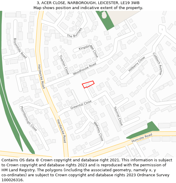 3, ACER CLOSE, NARBOROUGH, LEICESTER, LE19 3WB: Location map and indicative extent of plot