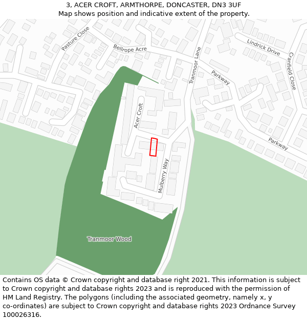 3, ACER CROFT, ARMTHORPE, DONCASTER, DN3 3UF: Location map and indicative extent of plot