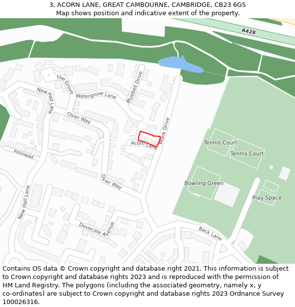 3, ACORN LANE, GREAT CAMBOURNE, CAMBRIDGE, CB23 6GS: Location map and indicative extent of plot