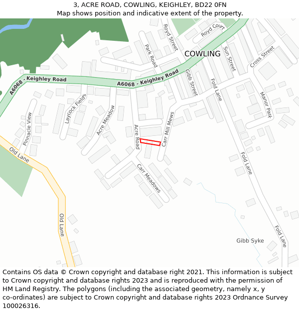 3, ACRE ROAD, COWLING, KEIGHLEY, BD22 0FN: Location map and indicative extent of plot