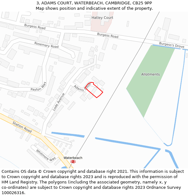 3, ADAMS COURT, WATERBEACH, CAMBRIDGE, CB25 9PP: Location map and indicative extent of plot