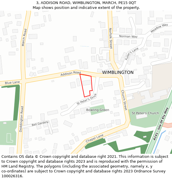 3, ADDISON ROAD, WIMBLINGTON, MARCH, PE15 0QT: Location map and indicative extent of plot
