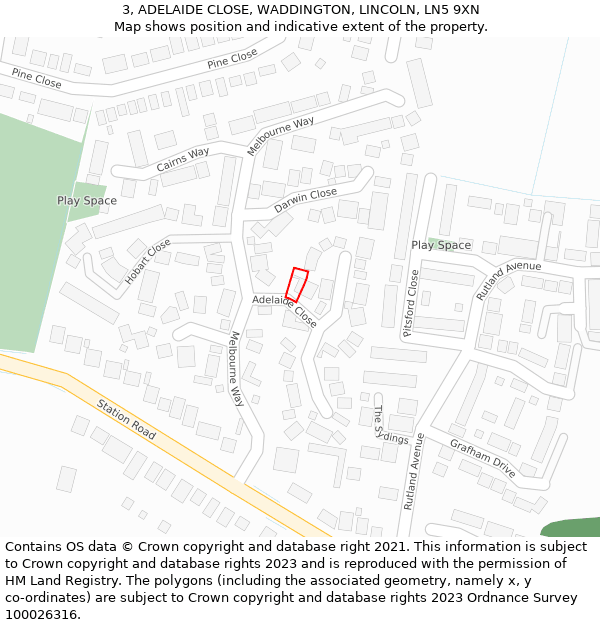 3, ADELAIDE CLOSE, WADDINGTON, LINCOLN, LN5 9XN: Location map and indicative extent of plot