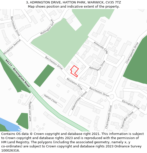 3, ADMINGTON DRIVE, HATTON PARK, WARWICK, CV35 7TZ: Location map and indicative extent of plot