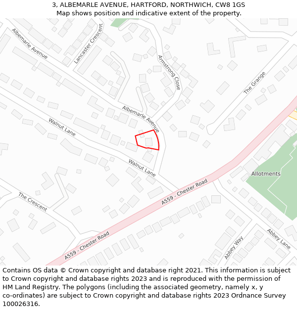 3, ALBEMARLE AVENUE, HARTFORD, NORTHWICH, CW8 1GS: Location map and indicative extent of plot