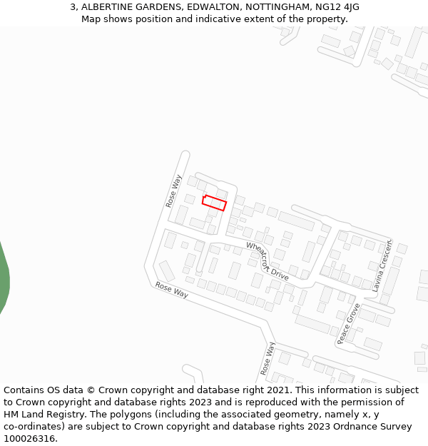 3, ALBERTINE GARDENS, EDWALTON, NOTTINGHAM, NG12 4JG: Location map and indicative extent of plot