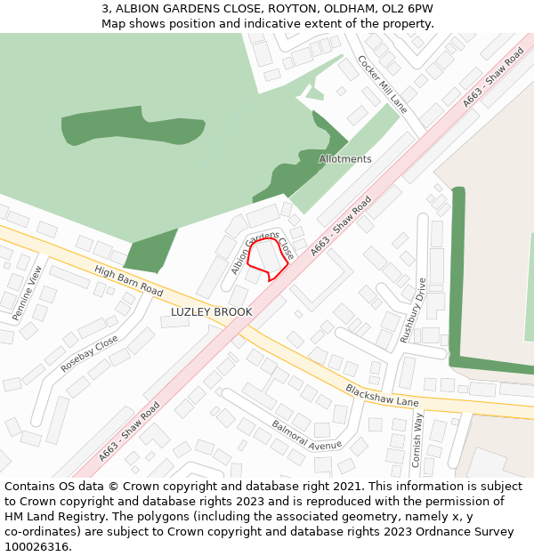 3, ALBION GARDENS CLOSE, ROYTON, OLDHAM, OL2 6PW: Location map and indicative extent of plot