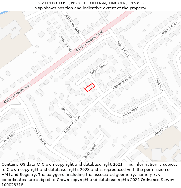 3, ALDER CLOSE, NORTH HYKEHAM, LINCOLN, LN6 8LU: Location map and indicative extent of plot