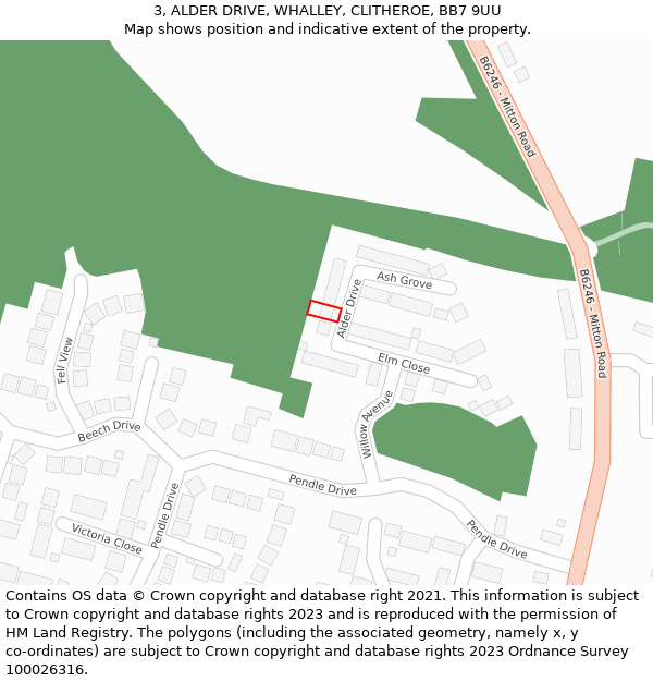 3, ALDER DRIVE, WHALLEY, CLITHEROE, BB7 9UU: Location map and indicative extent of plot