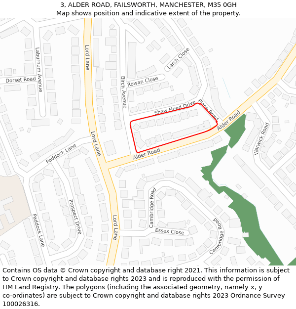 3, ALDER ROAD, FAILSWORTH, MANCHESTER, M35 0GH: Location map and indicative extent of plot