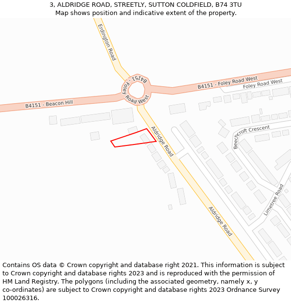 3, ALDRIDGE ROAD, STREETLY, SUTTON COLDFIELD, B74 3TU: Location map and indicative extent of plot