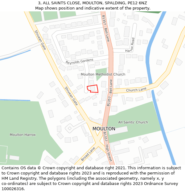 3, ALL SAINTS CLOSE, MOULTON, SPALDING, PE12 6NZ: Location map and indicative extent of plot