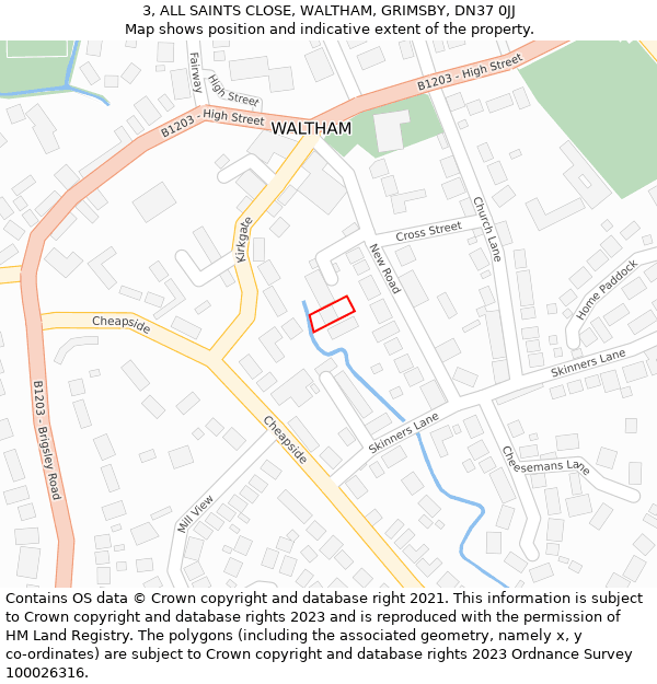 3, ALL SAINTS CLOSE, WALTHAM, GRIMSBY, DN37 0JJ: Location map and indicative extent of plot