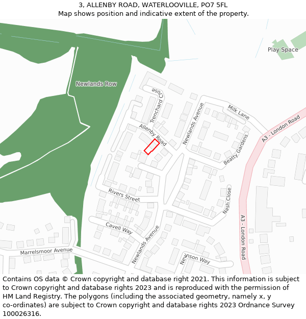 3, ALLENBY ROAD, WATERLOOVILLE, PO7 5FL: Location map and indicative extent of plot