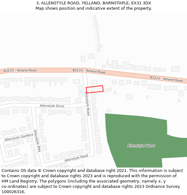 3, ALLENSTYLE ROAD, YELLAND, BARNSTAPLE, EX31 3DX: Location map and indicative extent of plot