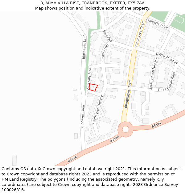 3, ALMA VILLA RISE, CRANBROOK, EXETER, EX5 7AA: Location map and indicative extent of plot