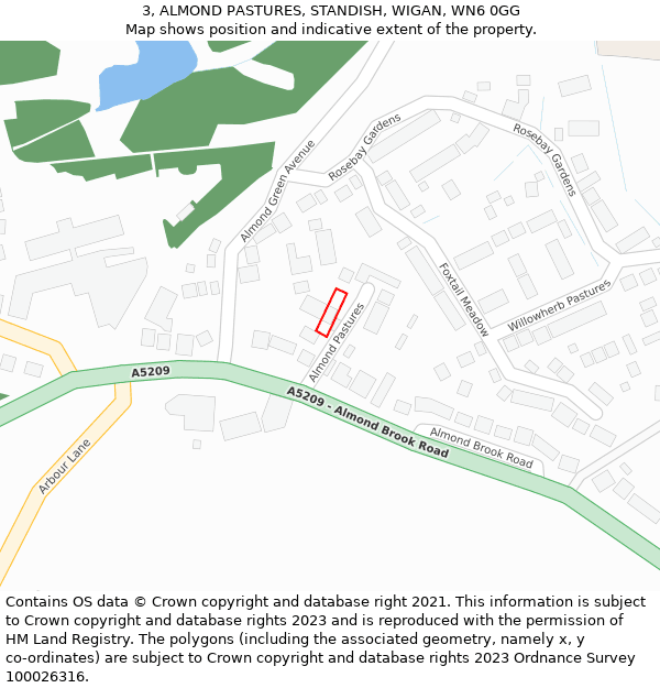 3, ALMOND PASTURES, STANDISH, WIGAN, WN6 0GG: Location map and indicative extent of plot