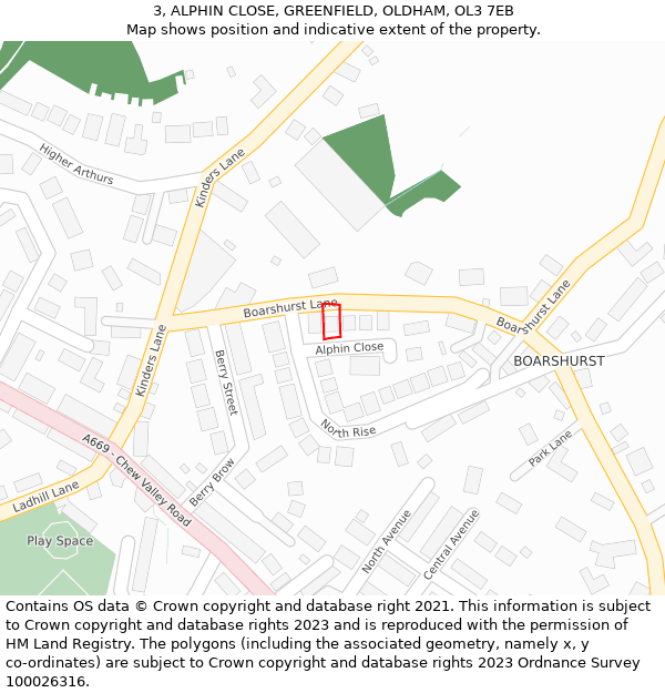 3, ALPHIN CLOSE, GREENFIELD, OLDHAM, OL3 7EB: Location map and indicative extent of plot