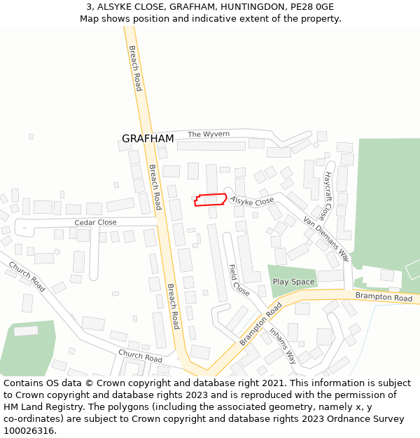 3, ALSYKE CLOSE, GRAFHAM, HUNTINGDON, PE28 0GE: Location map and indicative extent of plot