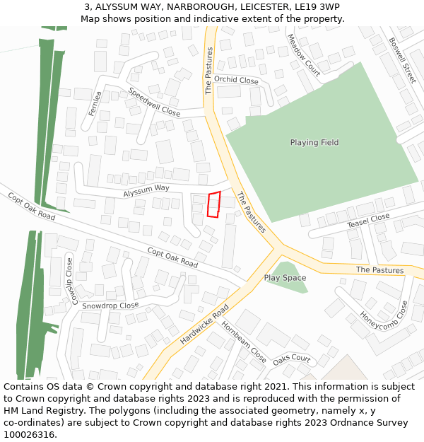 3, ALYSSUM WAY, NARBOROUGH, LEICESTER, LE19 3WP: Location map and indicative extent of plot