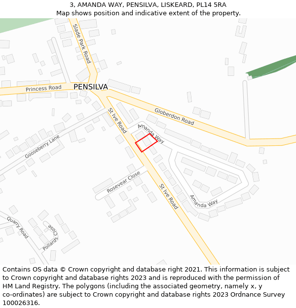 3, AMANDA WAY, PENSILVA, LISKEARD, PL14 5RA: Location map and indicative extent of plot