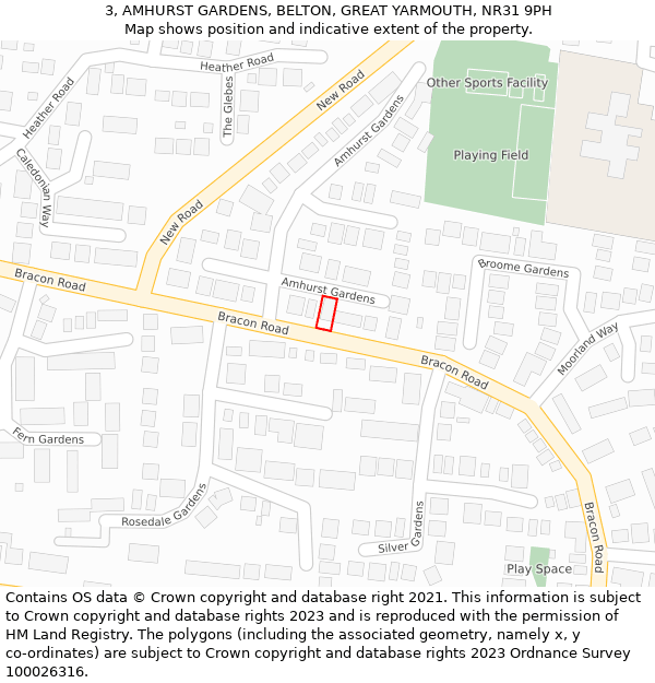 3, AMHURST GARDENS, BELTON, GREAT YARMOUTH, NR31 9PH: Location map and indicative extent of plot