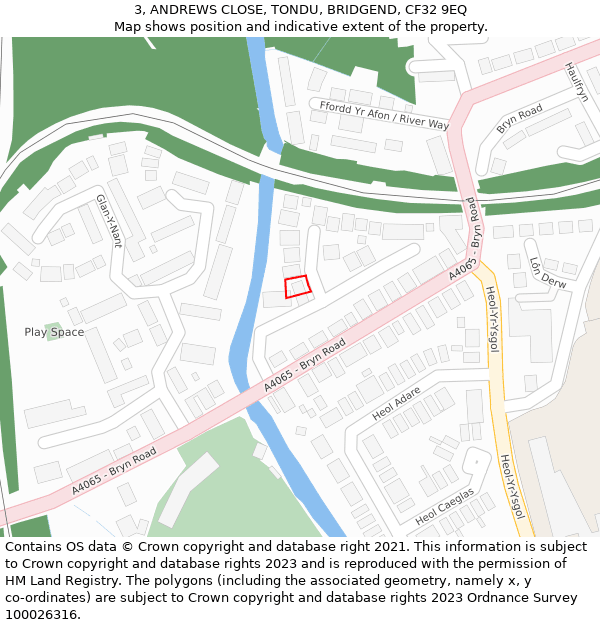 3, ANDREWS CLOSE, TONDU, BRIDGEND, CF32 9EQ: Location map and indicative extent of plot