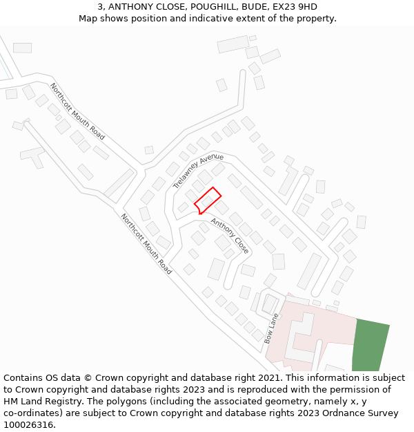 3, ANTHONY CLOSE, POUGHILL, BUDE, EX23 9HD: Location map and indicative extent of plot