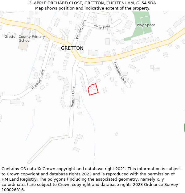 3, APPLE ORCHARD CLOSE, GRETTON, CHELTENHAM, GL54 5DA: Location map and indicative extent of plot