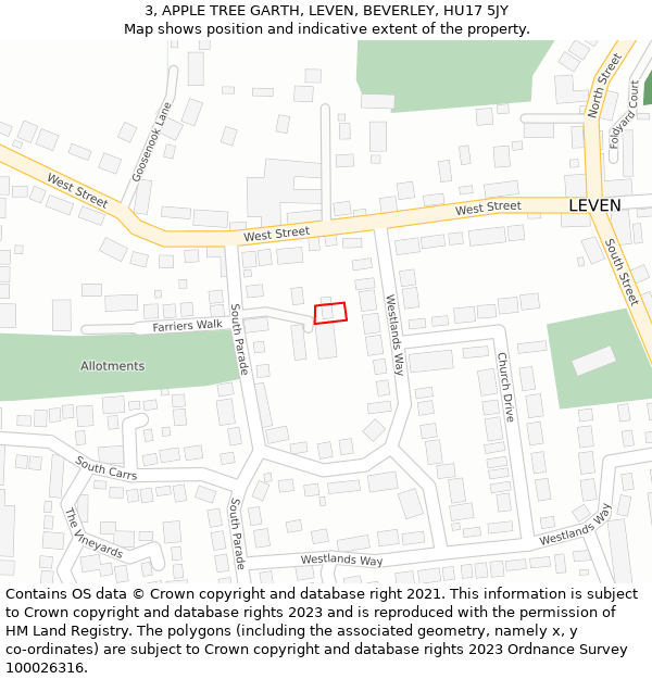 3, APPLE TREE GARTH, LEVEN, BEVERLEY, HU17 5JY: Location map and indicative extent of plot