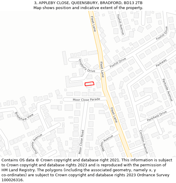 3, APPLEBY CLOSE, QUEENSBURY, BRADFORD, BD13 2TB: Location map and indicative extent of plot