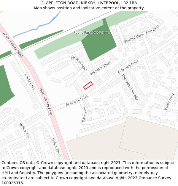 3, APPLETON ROAD, KIRKBY, LIVERPOOL, L32 1BA: Location map and indicative extent of plot