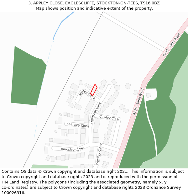 3, APPLEY CLOSE, EAGLESCLIFFE, STOCKTON-ON-TEES, TS16 0BZ: Location map and indicative extent of plot