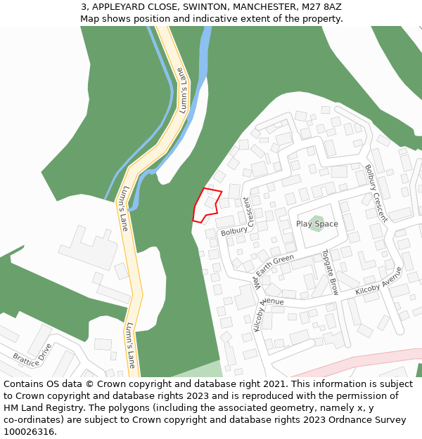 3, APPLEYARD CLOSE, SWINTON, MANCHESTER, M27 8AZ: Location map and indicative extent of plot