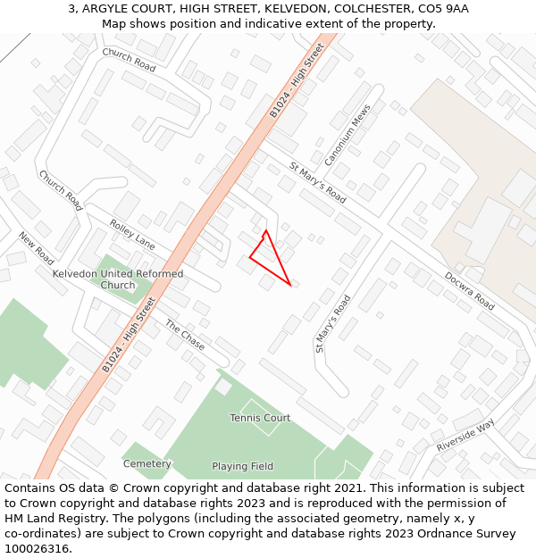 3, ARGYLE COURT, HIGH STREET, KELVEDON, COLCHESTER, CO5 9AA: Location map and indicative extent of plot