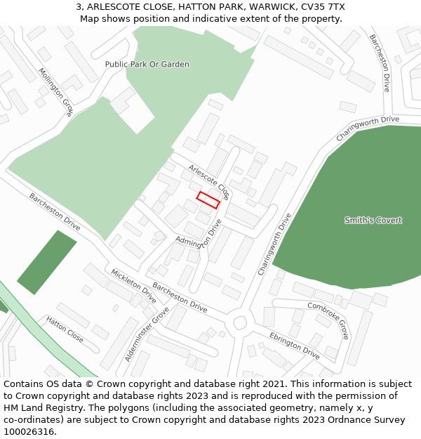 3, ARLESCOTE CLOSE, HATTON PARK, WARWICK, CV35 7TX: Location map and indicative extent of plot