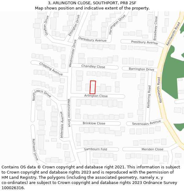 3, ARLINGTON CLOSE, SOUTHPORT, PR8 2SF: Location map and indicative extent of plot