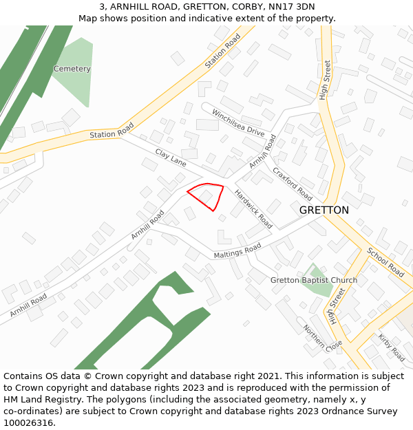 3, ARNHILL ROAD, GRETTON, CORBY, NN17 3DN: Location map and indicative extent of plot
