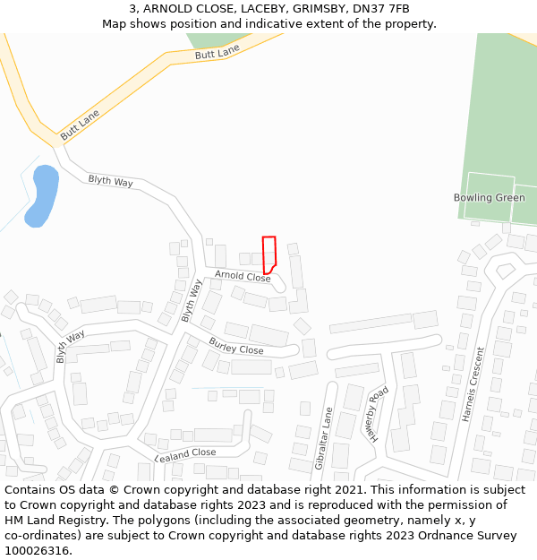 3, ARNOLD CLOSE, LACEBY, GRIMSBY, DN37 7FB: Location map and indicative extent of plot