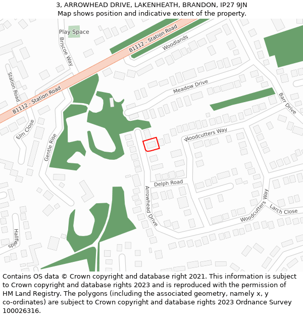 3, ARROWHEAD DRIVE, LAKENHEATH, BRANDON, IP27 9JN: Location map and indicative extent of plot