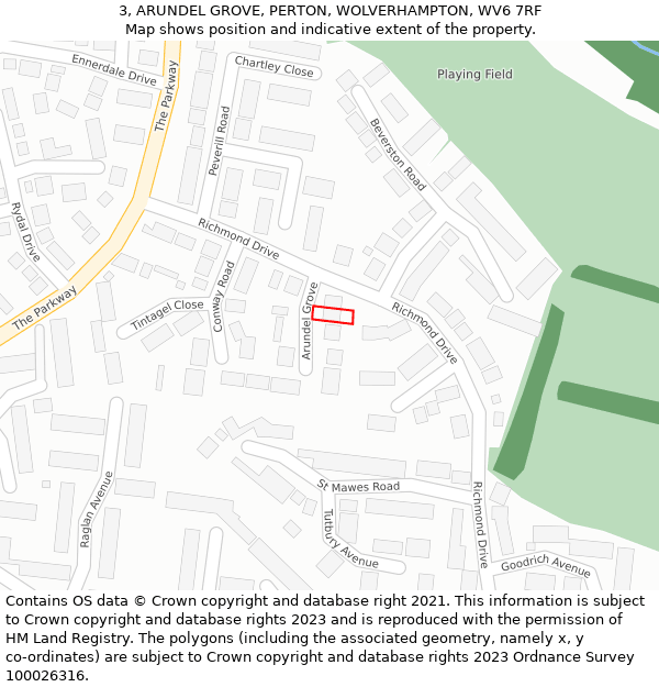 3, ARUNDEL GROVE, PERTON, WOLVERHAMPTON, WV6 7RF: Location map and indicative extent of plot