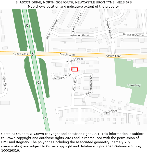 3, ASCOT DRIVE, NORTH GOSFORTH, NEWCASTLE UPON TYNE, NE13 6PB: Location map and indicative extent of plot