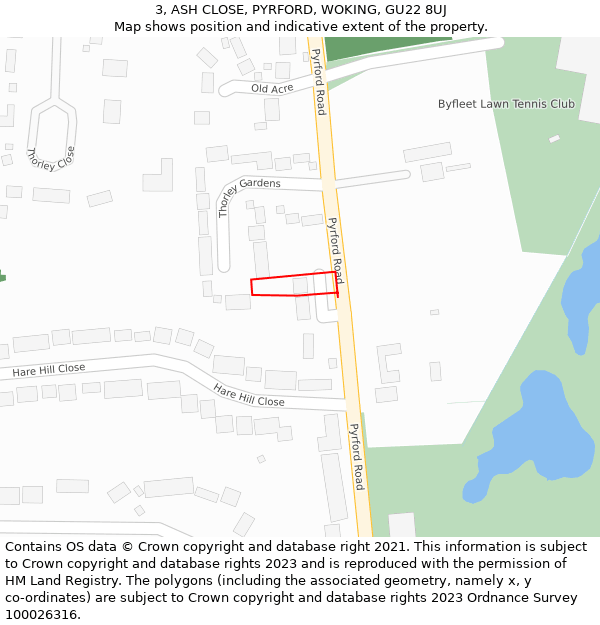 3, ASH CLOSE, PYRFORD, WOKING, GU22 8UJ: Location map and indicative extent of plot