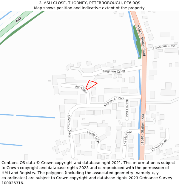 3, ASH CLOSE, THORNEY, PETERBOROUGH, PE6 0QS: Location map and indicative extent of plot